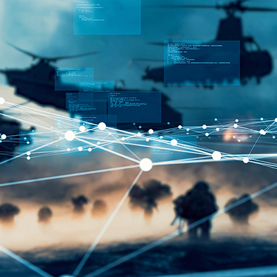 Meshed image of military helicopters and connected to ground troops to depict software defined warfare.